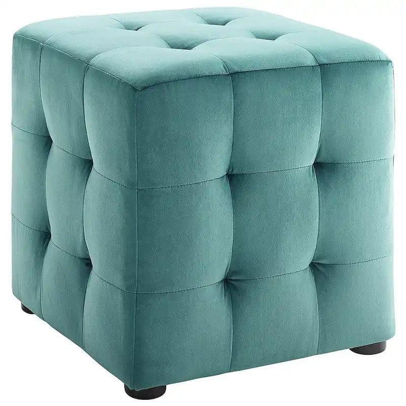 Pouf cube capitonné en velours sarcelle, 1 place