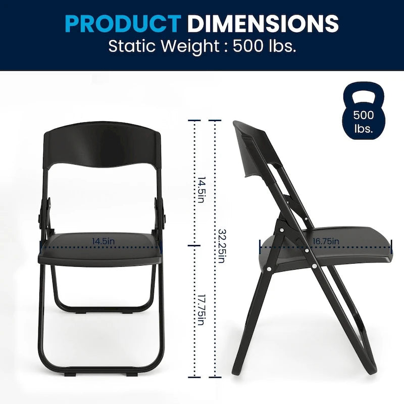 Chaise pliante noire/blanche, lot de 2, capacité de 227 kg
