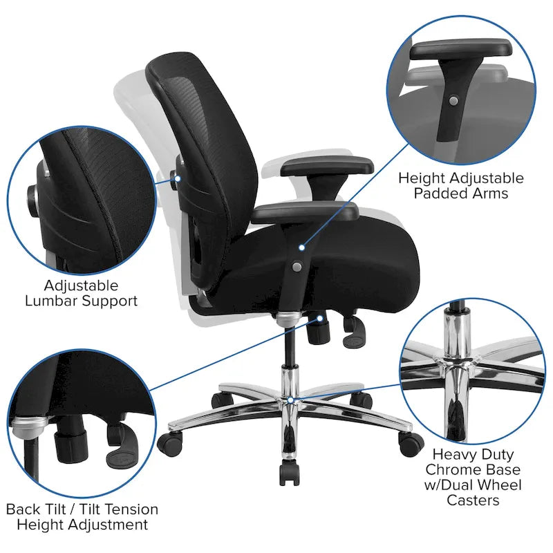 Chaise de bureau ergonomique à dossier haut en maille noire, utilisation 24h/24 et 7j/7, 1 personne, 227 kg