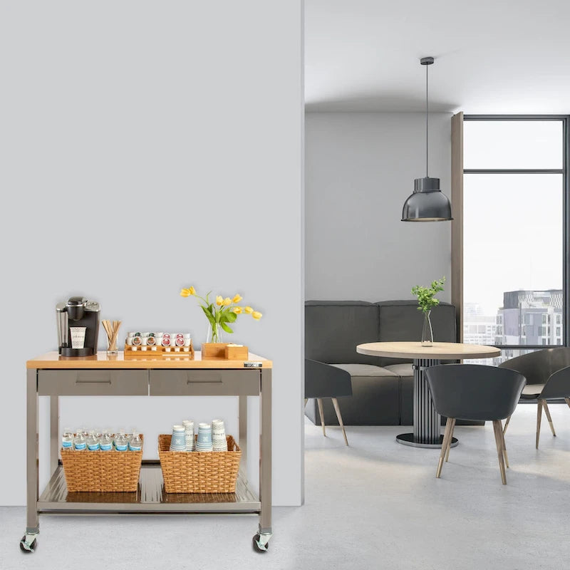 Îlot de cuisine mobile 2 tiroirs en acier inoxydable et plateau en bois, marron/argent, 1 personne