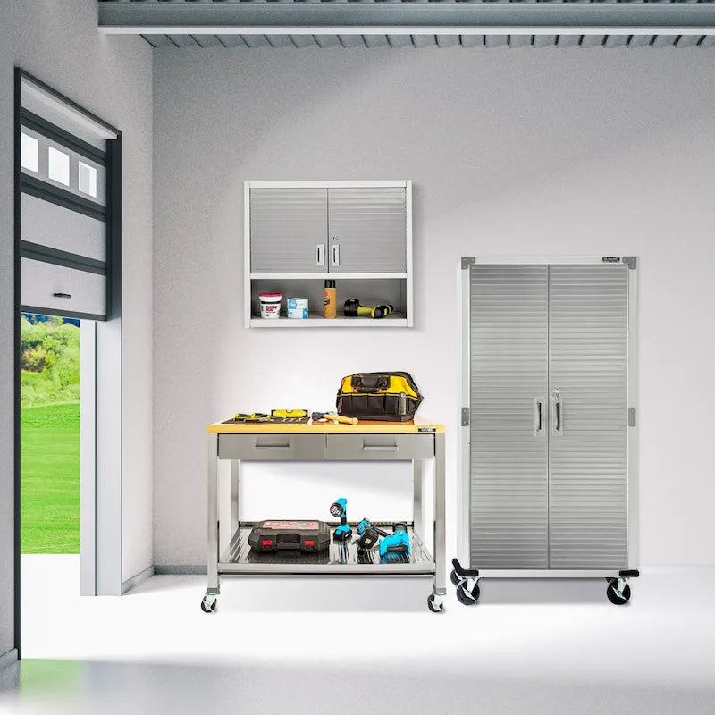 Îlot de cuisine mobile 2 tiroirs en acier inoxydable et plateau en bois, marron/argent, 1 personne