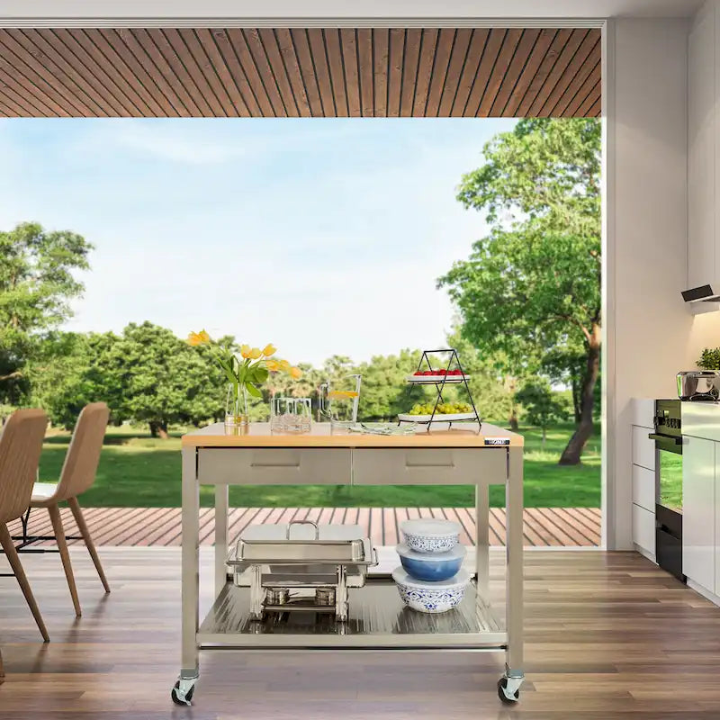 Îlot de cuisine mobile 2 tiroirs en acier inoxydable et plateau en bois, marron/argent, 1 personne