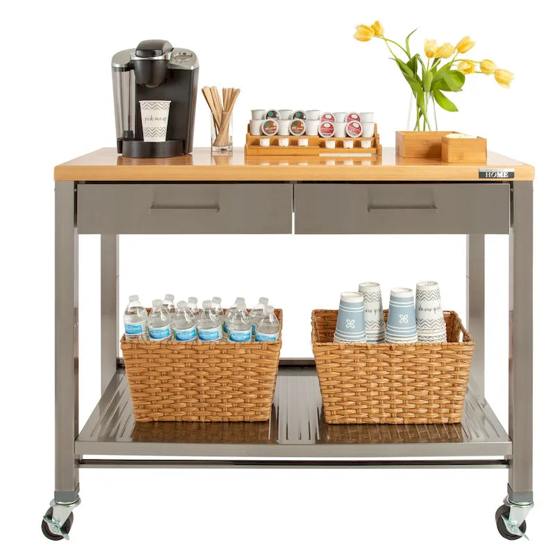 Îlot de cuisine mobile 2 tiroirs en acier inoxydable et plateau en bois, marron/argent, 1 personne