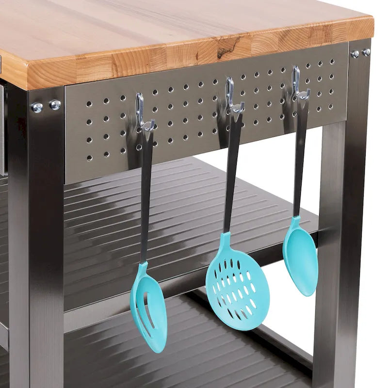 Îlot de cuisine mobile 2 tiroirs en acier inoxydable et plateau en bois, marron/argent, 1 personne