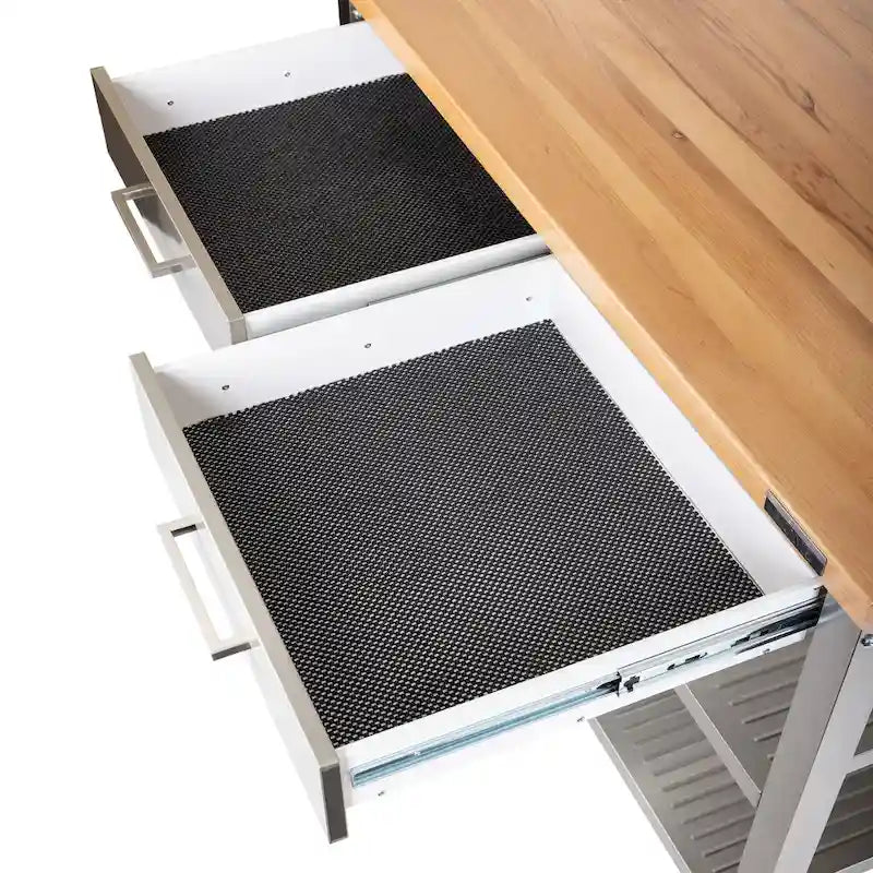 Îlot de cuisine mobile 2 tiroirs en acier inoxydable et plateau en bois, marron/argent, 1 personne