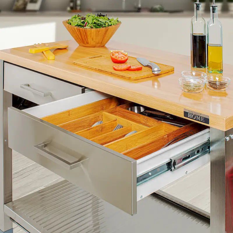 Îlot de cuisine mobile 2 tiroirs en acier inoxydable et plateau en bois, marron/argent, 1 personne