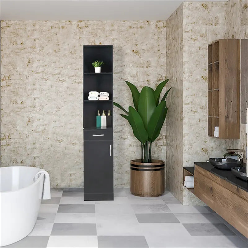 Meuble de salle de bain haut 1 porte, 1 tiroir, 3 compartiments, noir
