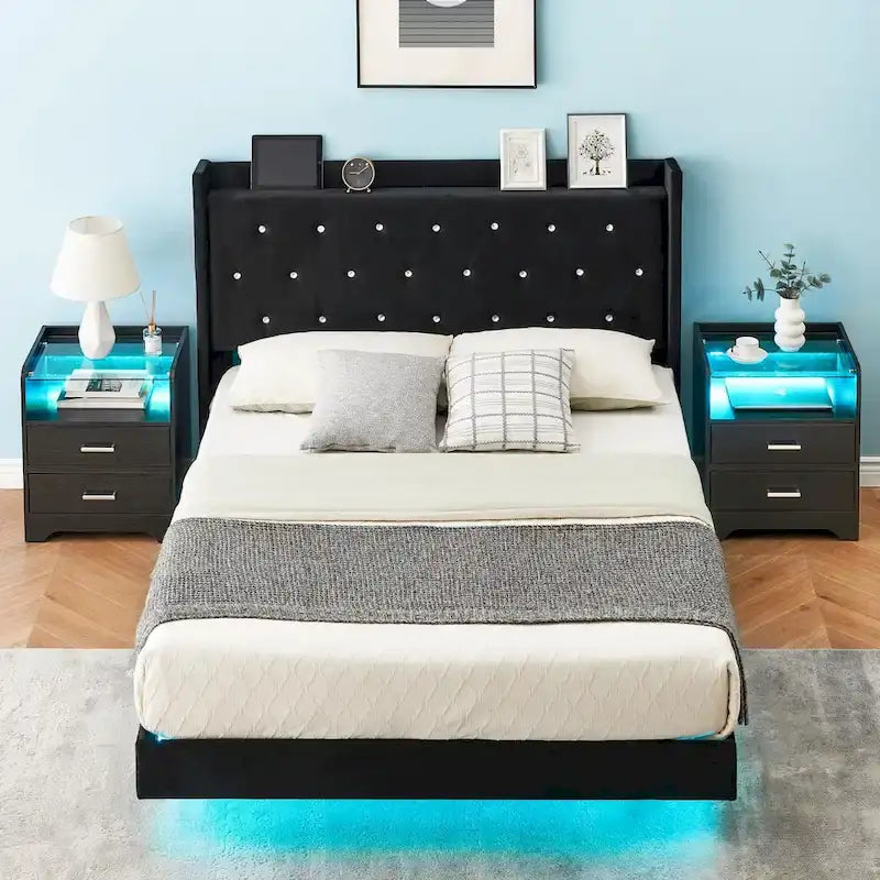 Cadre de lit flottant en velours gris avec lumières LED – Grand lit/lit double, convient pour 2 personnes