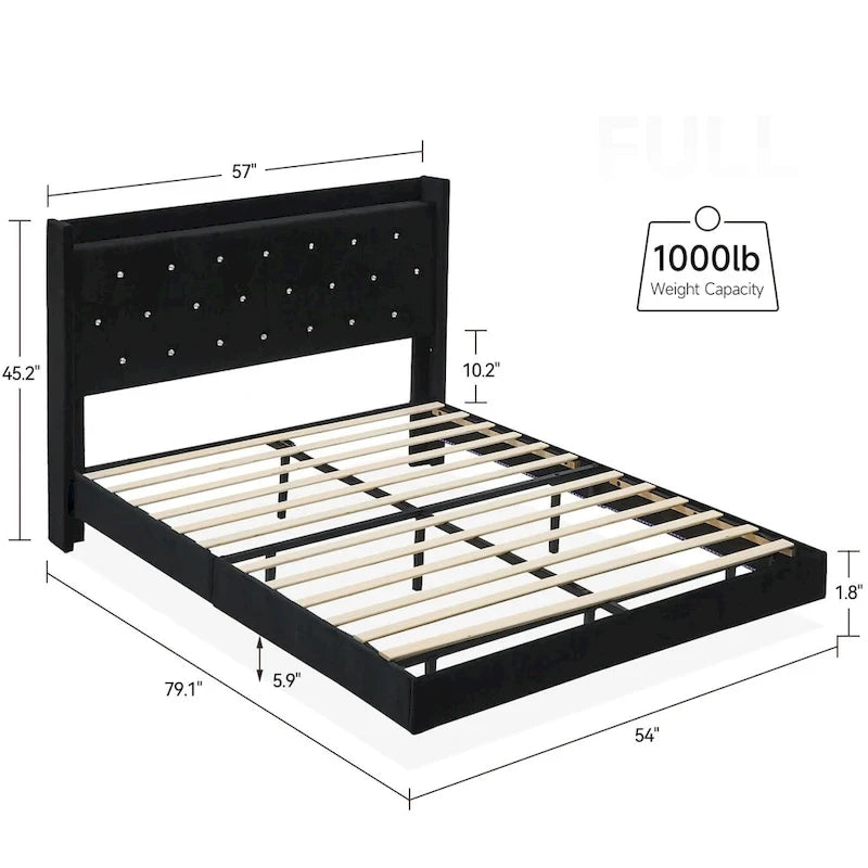 Cadre de lit flottant en velours gris avec lumières LED – Grand lit/lit double, convient pour 2 personnes