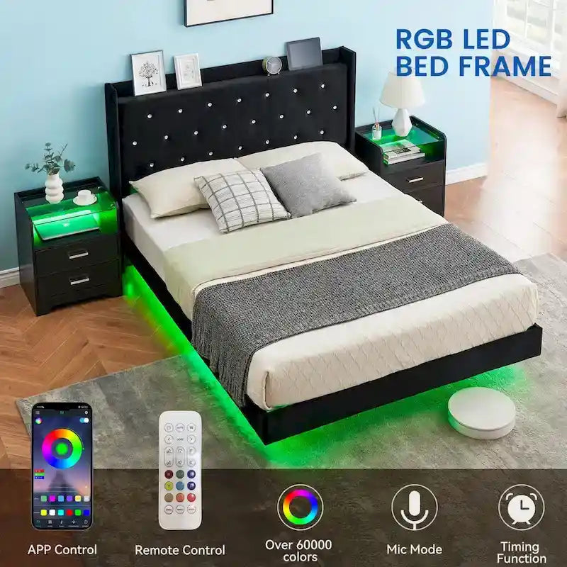 Cadre de lit flottant en velours gris avec lumières LED – Grand lit/lit double, convient pour 2 personnes