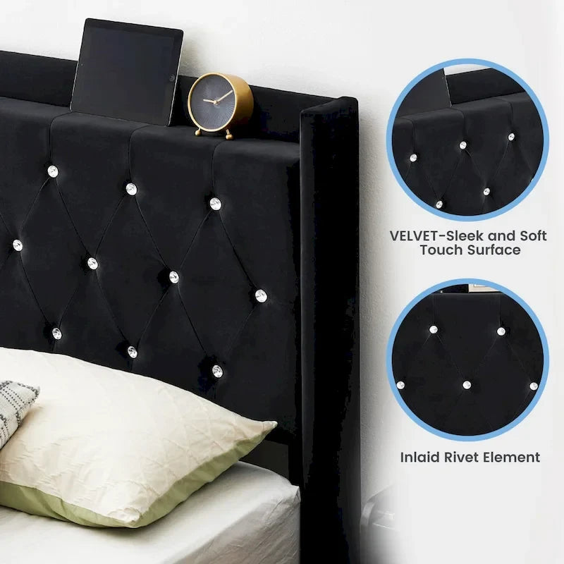 Cadre de lit flottant en velours gris avec lumières LED – Grand lit/lit double, convient pour 2 personnes