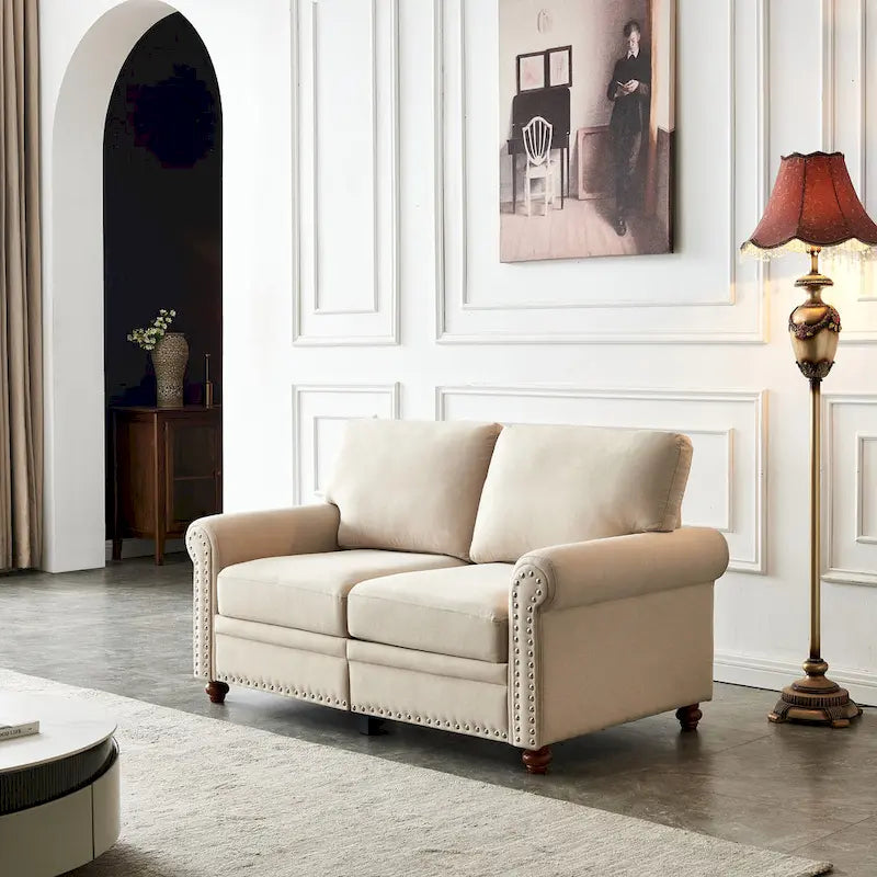 Causeuse deux places en lin beige avec rangement