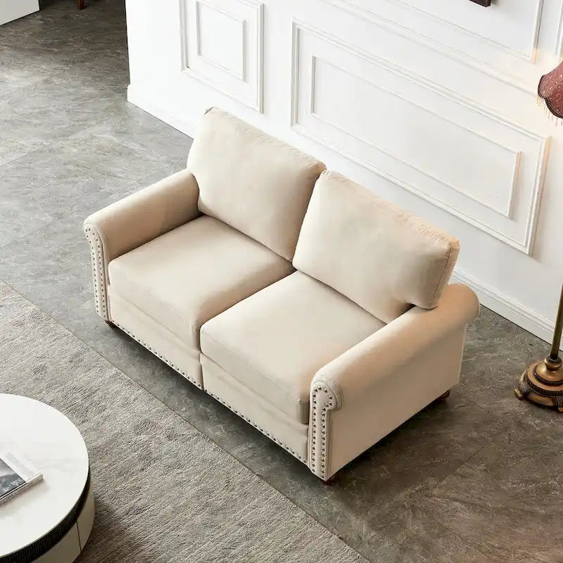 Causeuse deux places en lin beige avec rangement
