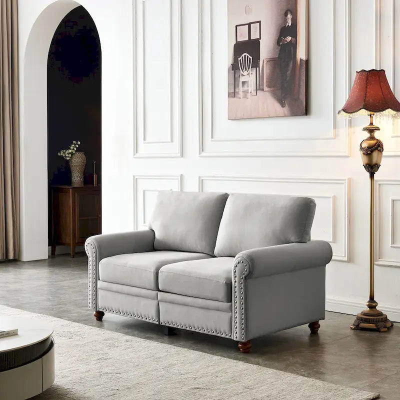 Causeuse deux places en lin beige avec rangement