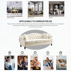 Canapé Chesterfield 3 places capitonné beige/gris avec accoudoirs roulés et cloutage décoratif