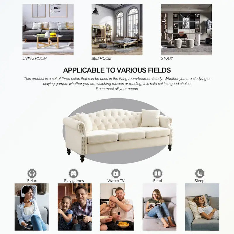 Canapé Chesterfield 3 places capitonné beige/gris avec accoudoirs roulés et cloutage décoratif