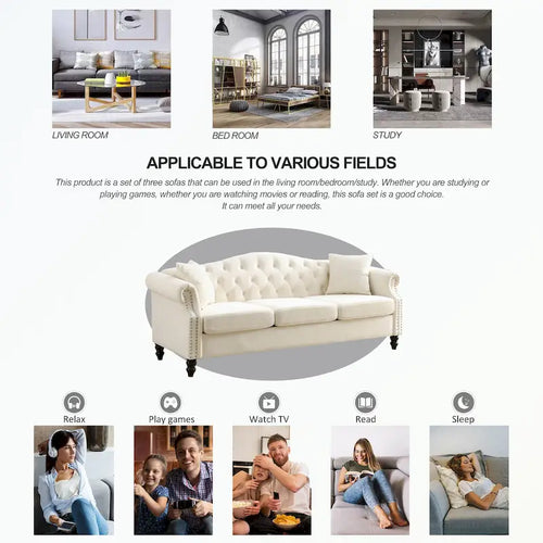 Canapé Chesterfield 3 places capitonné beige/gris avec accoudoirs roulés et cloutage décoratif