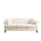 Canapé Chesterfield 3 places capitonné beige/gris avec accoudoirs roulés et cloutage décoratif