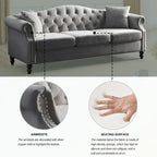 Canapé Chesterfield 3 places capitonné beige/gris avec accoudoirs roulés et cloutage décoratif