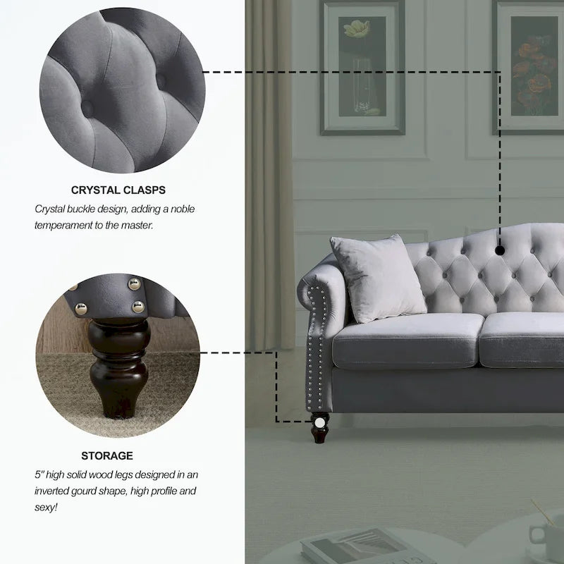 Canapé Chesterfield 3 places capitonné beige/gris avec accoudoirs roulés et cloutage décoratif