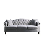 Canapé Chesterfield 3 places capitonné beige/gris avec accoudoirs roulés et cloutage décoratif