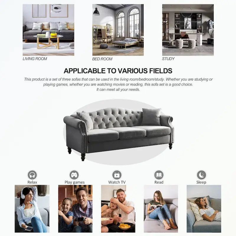 Canapé Chesterfield 3 places capitonné beige/gris avec accoudoirs roulés et cloutage décoratif