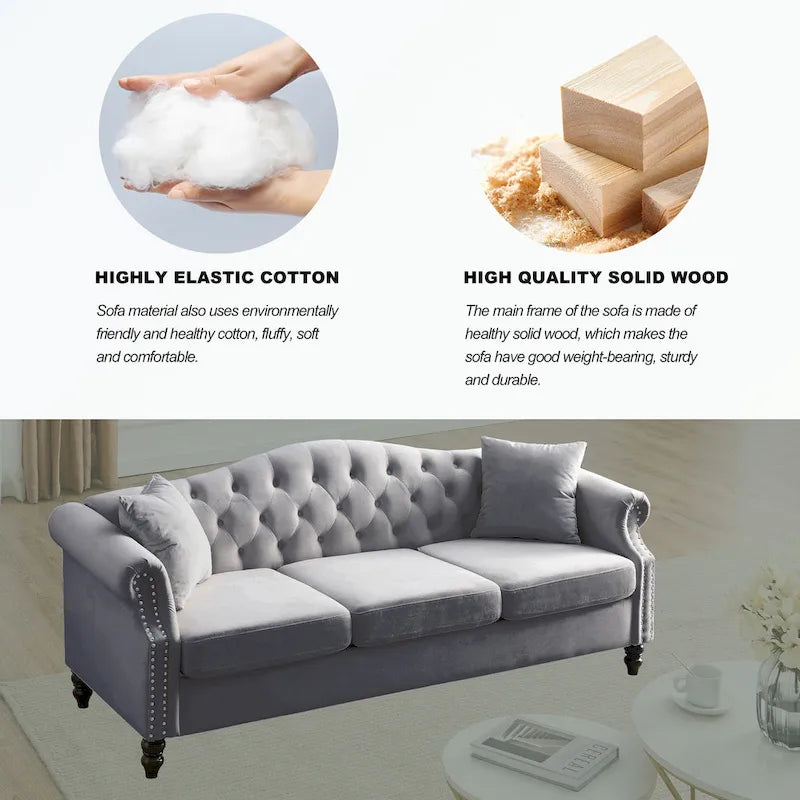 Canapé Chesterfield 3 places capitonné beige/gris avec accoudoirs roulés et cloutage décoratif