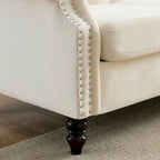 Canapé Chesterfield 3 places capitonné beige/gris avec accoudoirs roulés et cloutage décoratif