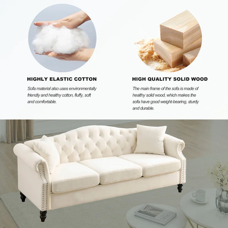 Canapé Chesterfield 3 places capitonné beige/gris avec accoudoirs roulés et cloutage décoratif