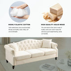 Canapé Chesterfield 3 places capitonné beige/gris avec accoudoirs roulés et cloutage décoratif