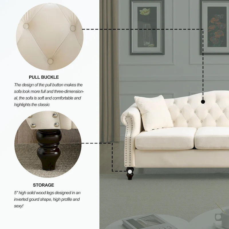 Canapé Chesterfield 3 places capitonné beige/gris avec accoudoirs roulés et cloutage décoratif