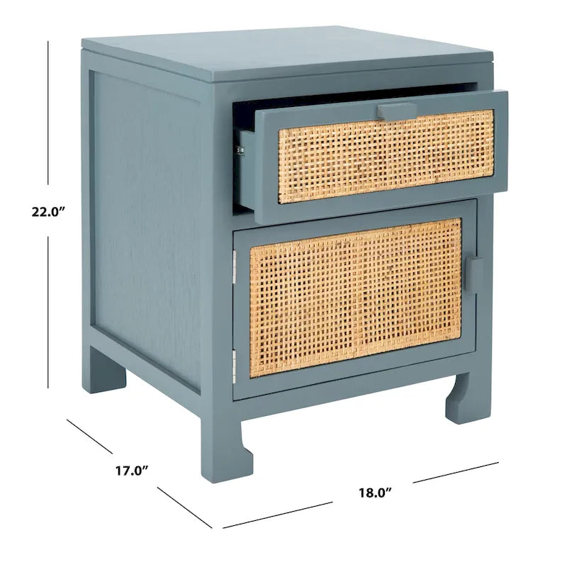 Table de chevet côtière en rotin 1 tiroir 1 porte – Naturel / Blanc / Gris bleu / Noir