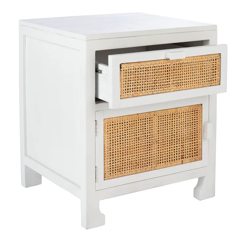 Table de chevet côtière en rotin 1 tiroir 1 porte – Naturel / Blanc / Gris bleu / Noir
