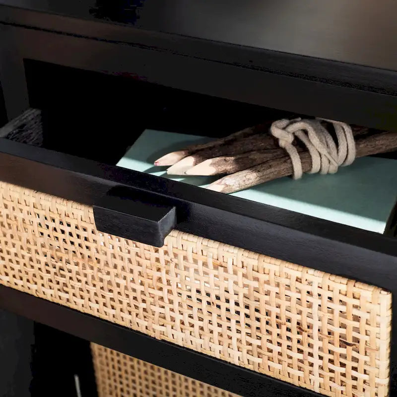 Table de chevet côtière en rotin 1 tiroir 1 porte – Naturel / Blanc / Gris bleu / Noir