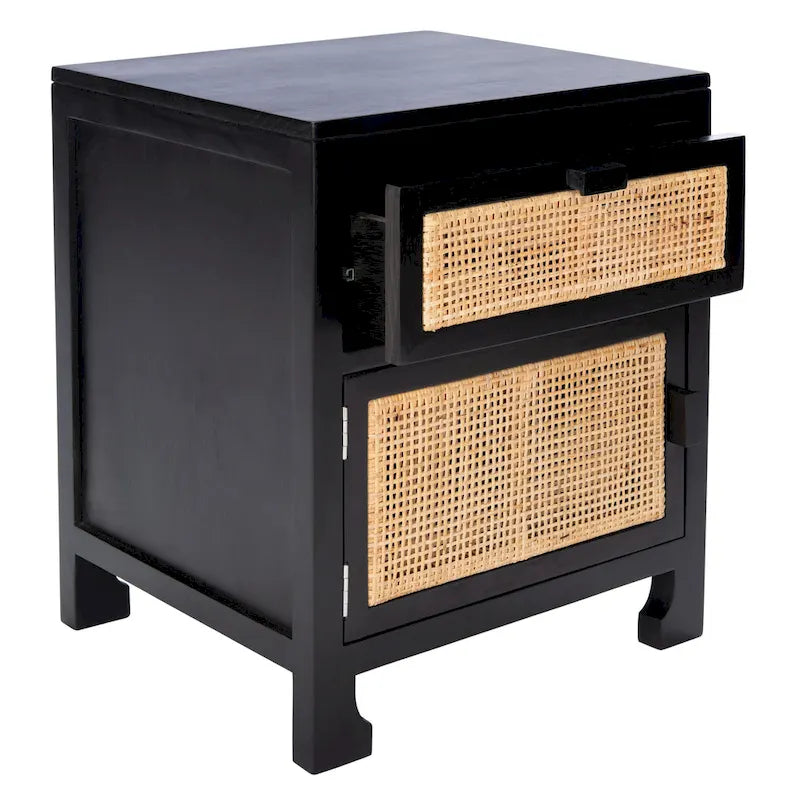 Table de chevet côtière en rotin 1 tiroir 1 porte – Naturel / Blanc / Gris bleu / Noir