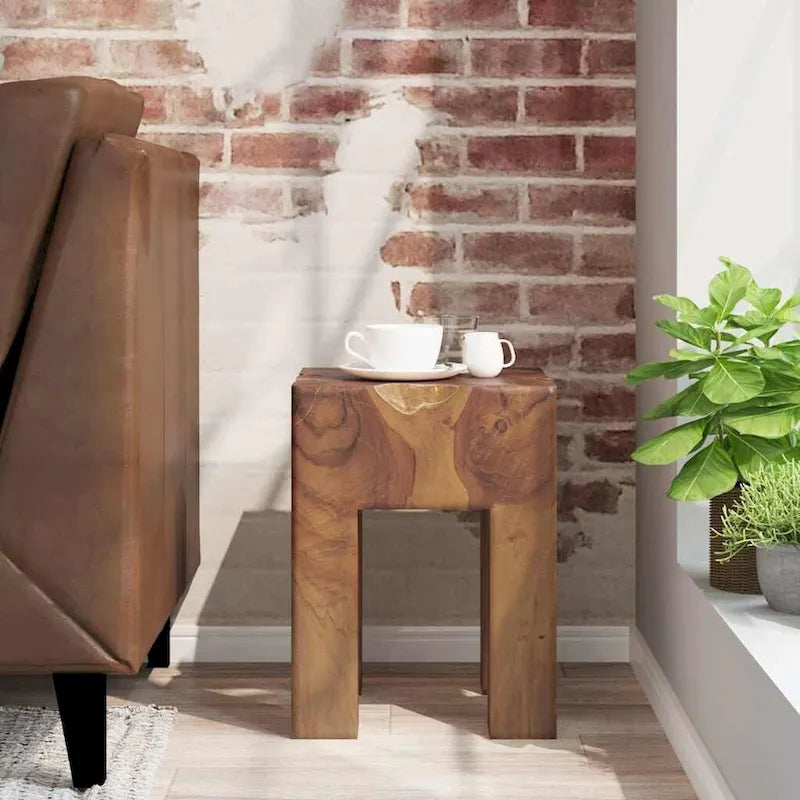 Tabouret en teck massif marron, assise simple / table d'appoint