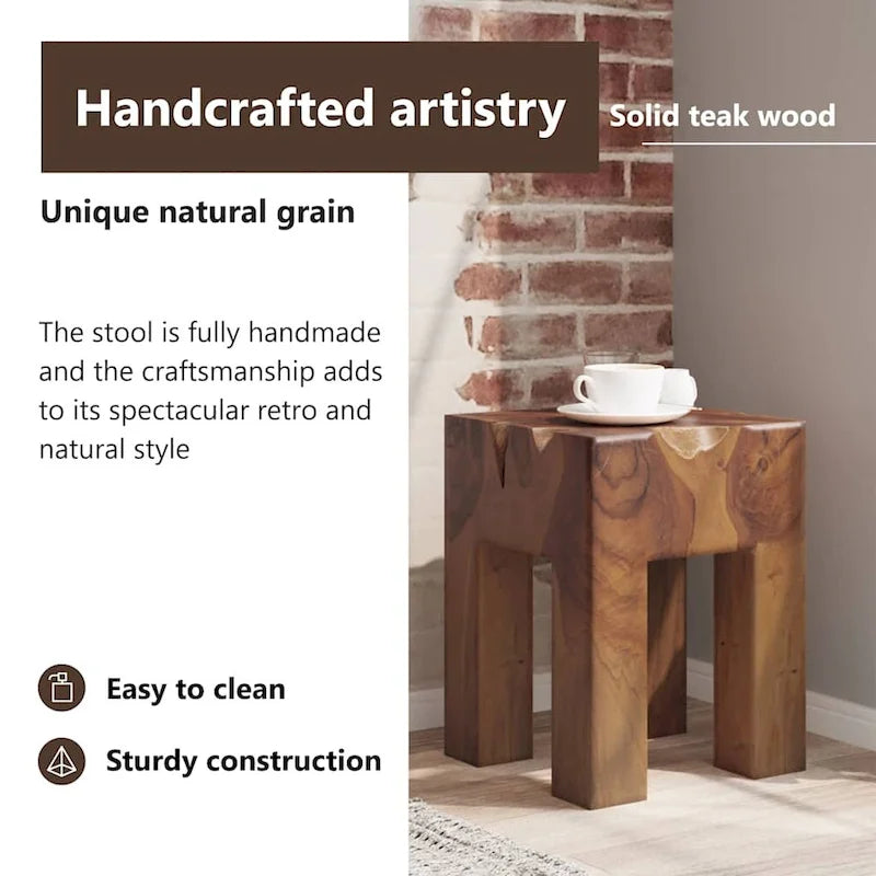 Tabouret en teck massif marron, assise simple / table d'appoint