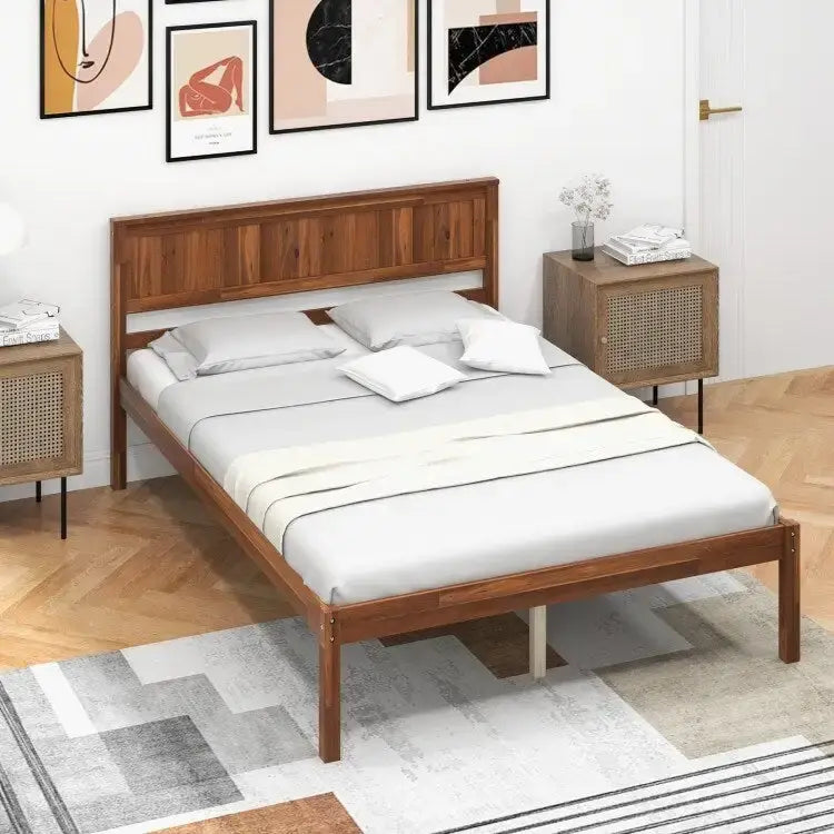 Cadre de lit plateforme en noyer avec tête de lit, lit simple/double/grand lit