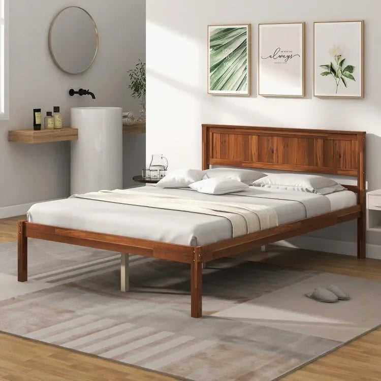Cadre de lit plateforme en noyer avec tête de lit, lit simple/double/grand lit