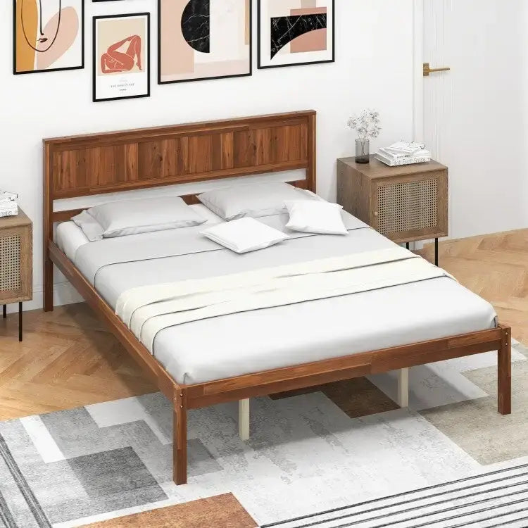 Cadre de lit plateforme en noyer avec tête de lit, lit simple/double/grand lit