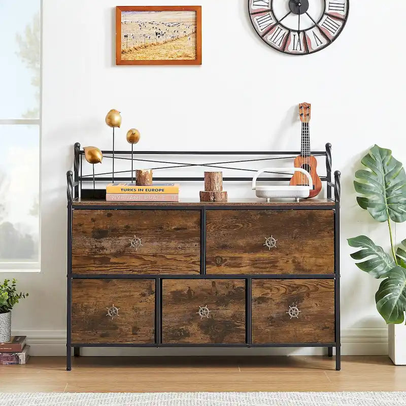 Commode en bois 5 tiroirs, marron/gris, simple
