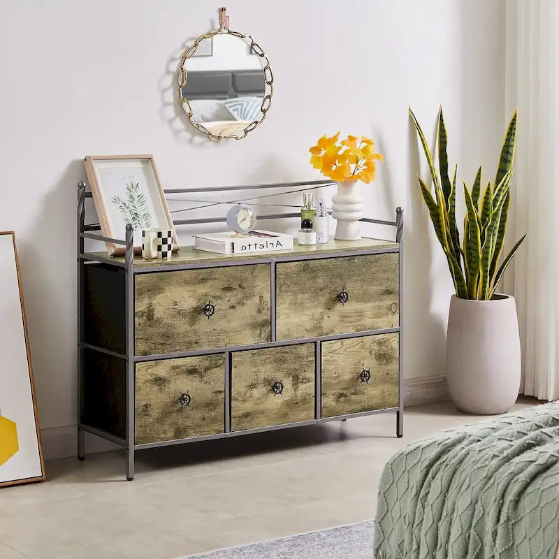 Commode en bois 5 tiroirs, marron/gris, simple