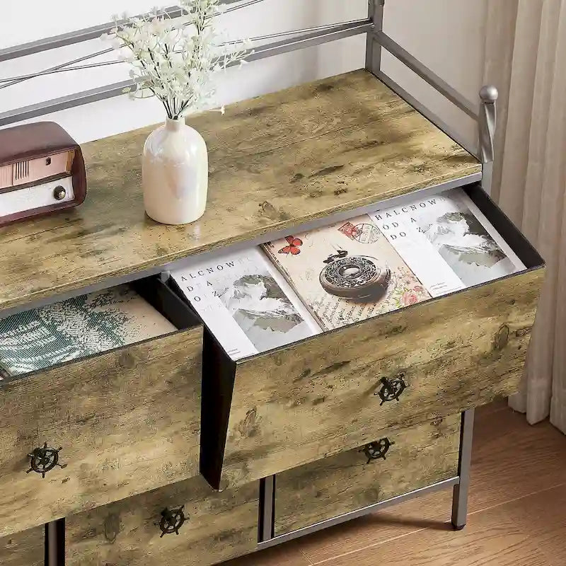 Commode en bois 5 tiroirs, marron/gris, simple