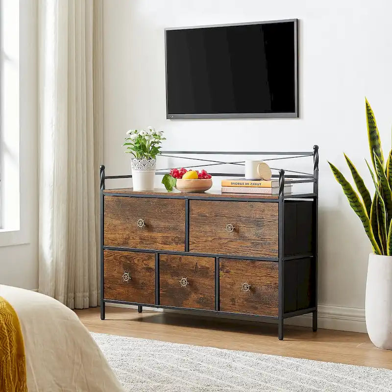 Commode en bois 5 tiroirs, marron/gris, simple