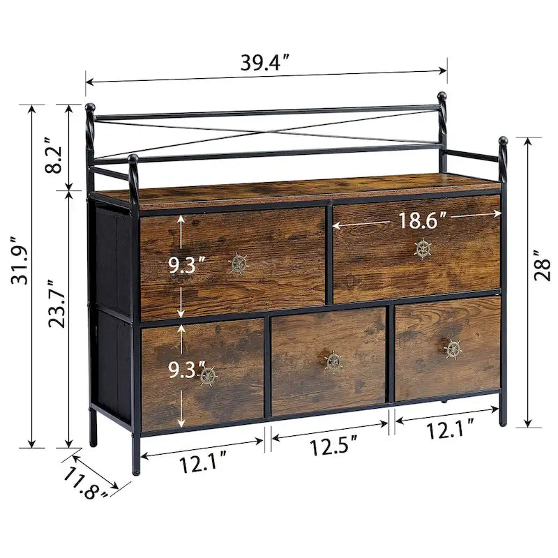 Commode en bois 5 tiroirs, marron/gris, simple