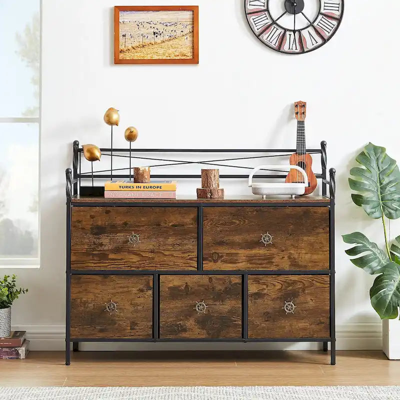 Commode en bois 5 tiroirs, marron/gris, simple