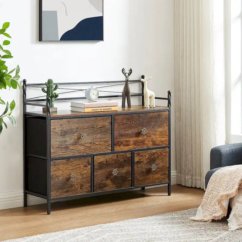 Commode en bois 5 tiroirs, marron/gris, simple