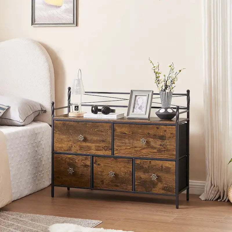 Commode en bois 5 tiroirs, marron/gris, simple