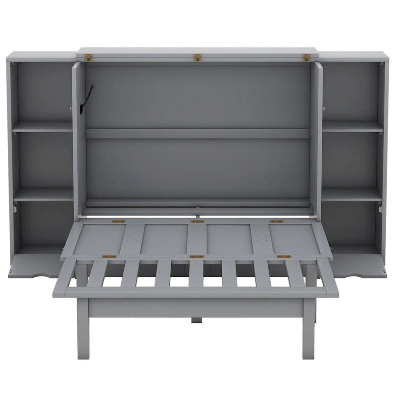 Lit escamotable blanc/gris, grand lit, 1 place, avec étagères, tiroirs et ports USB