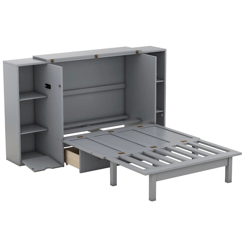 Lit escamotable blanc/gris, grand lit, 1 place, avec étagères, tiroirs et ports USB